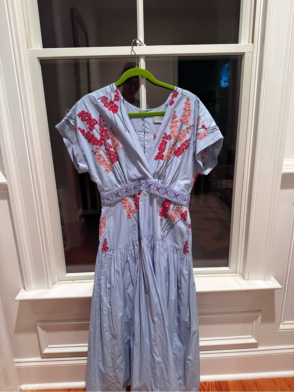 Light Blue Embroidered Midi Dress with Pink & Red Floral Detail